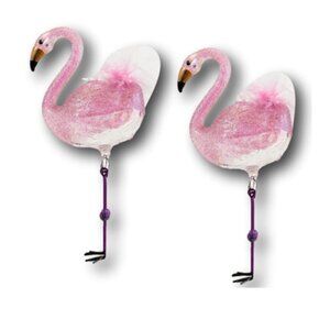 Set of Two Glass and Feathers Christmas Holiday Flamingo Ornaments